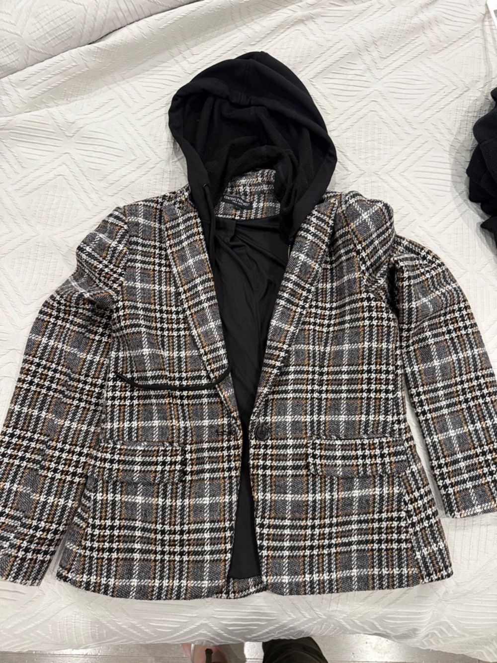 Central Park West Black & Gray Plaid Hooded Blazer